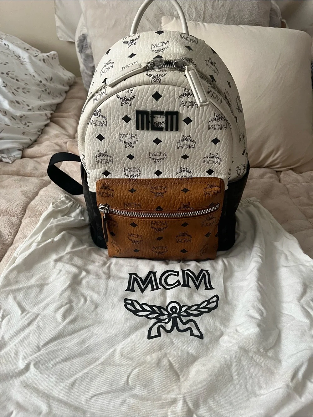 MCM, Stark Tricolor Visetos Canvas backpack small in white, cognac and black